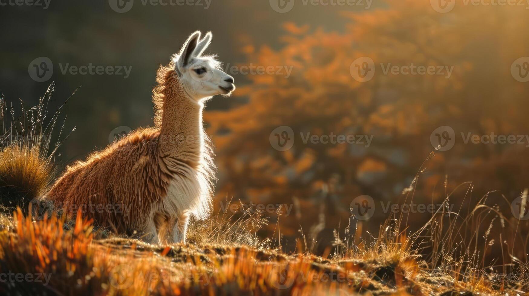 A llama gazes out towards the sunset, standing on a grassy hillside with autumn foliage. photo