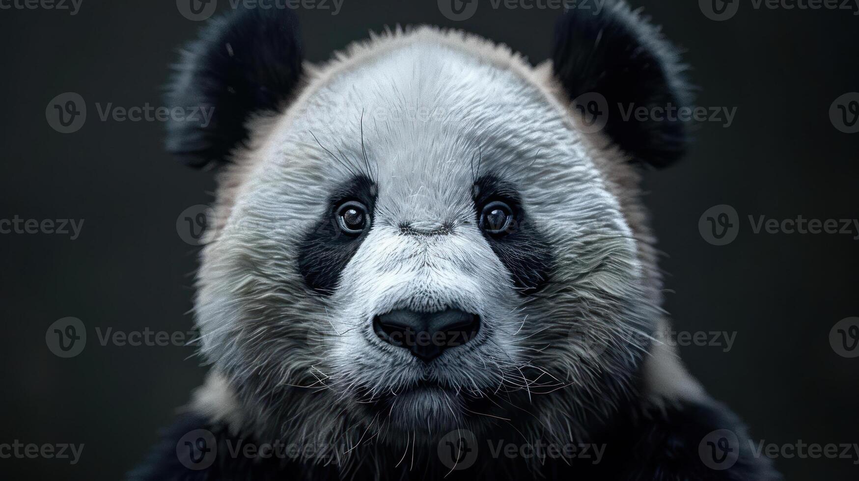 A close-up of a panda's face with sad eyes looking directly at the camera. photo