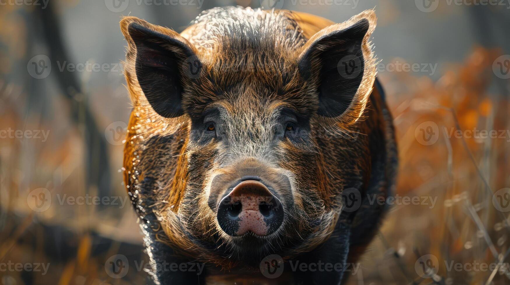 A pig standing in a wooded area, looking at the camera. photo