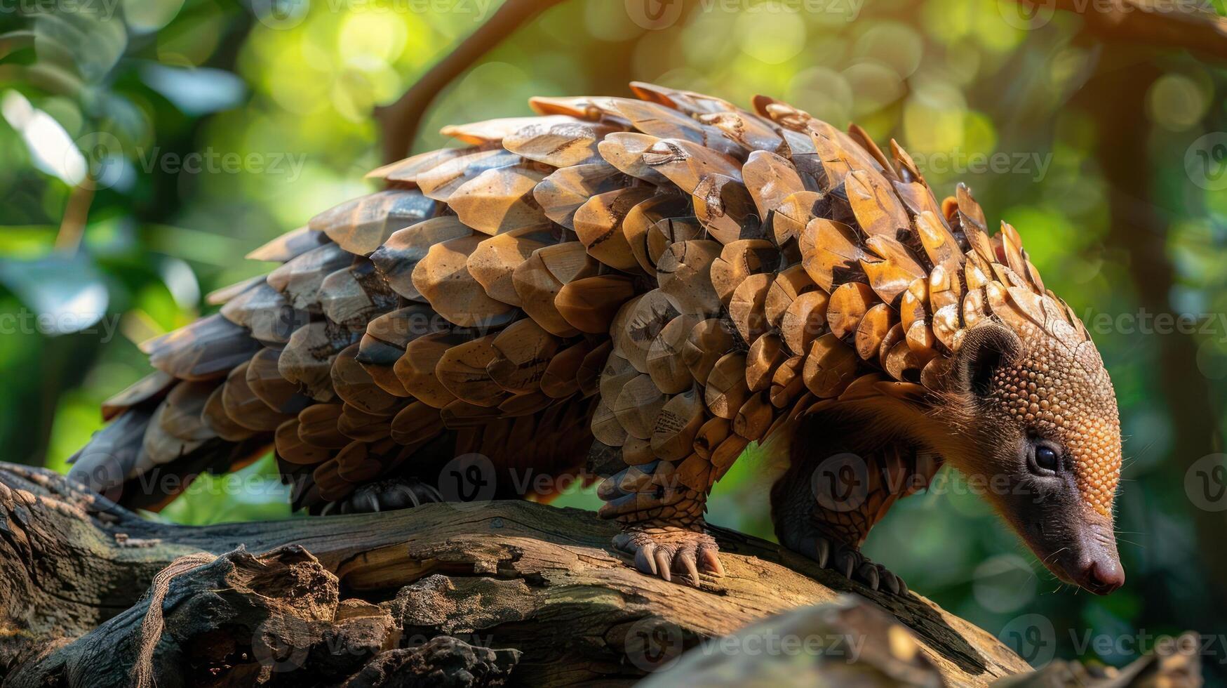 A pangolin walking on a tree trunk covered with cut tree branches and leaves, in a jungle setting. photo