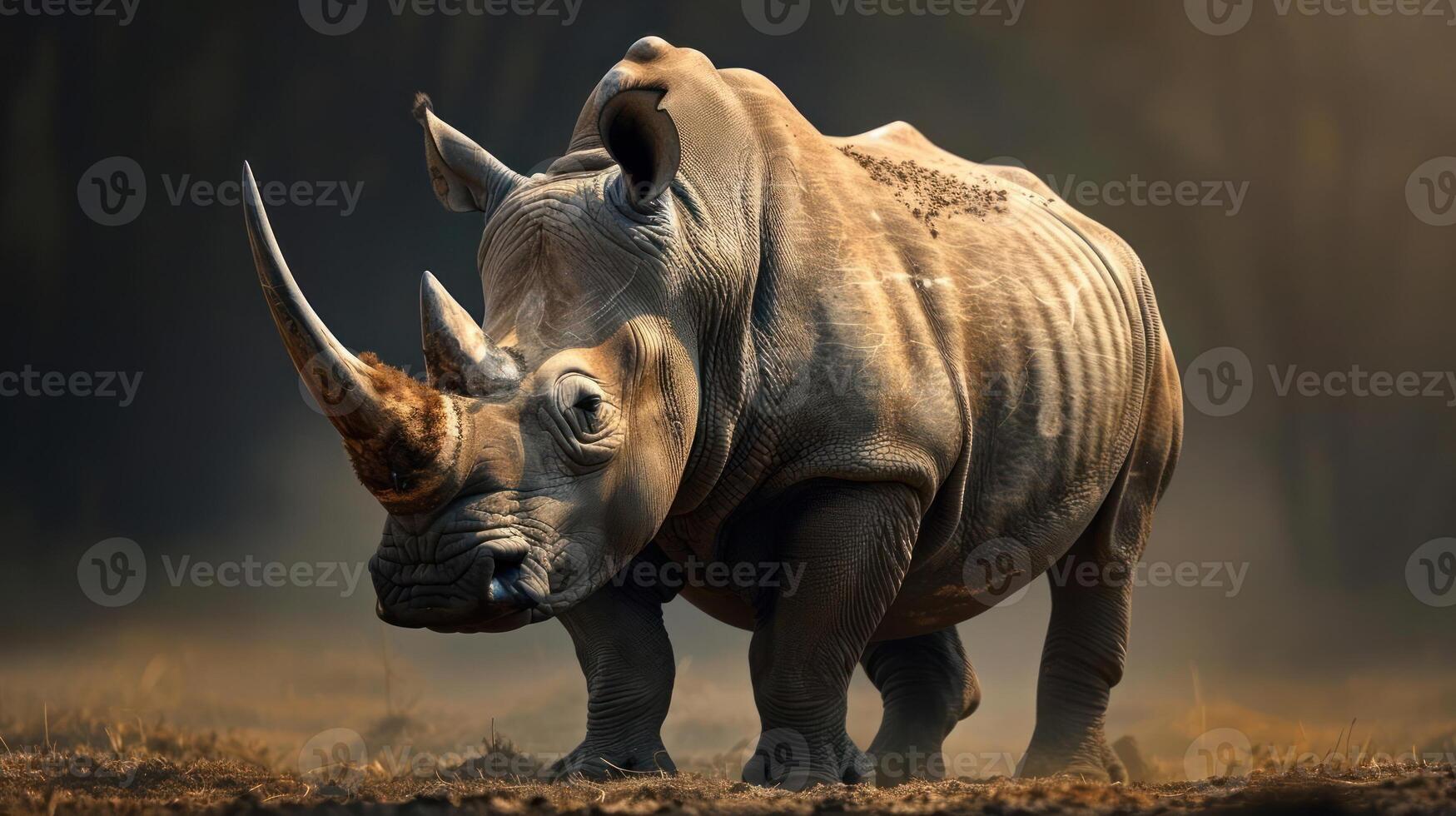 Two rhinos walking through the savannah with trees in the background. photo