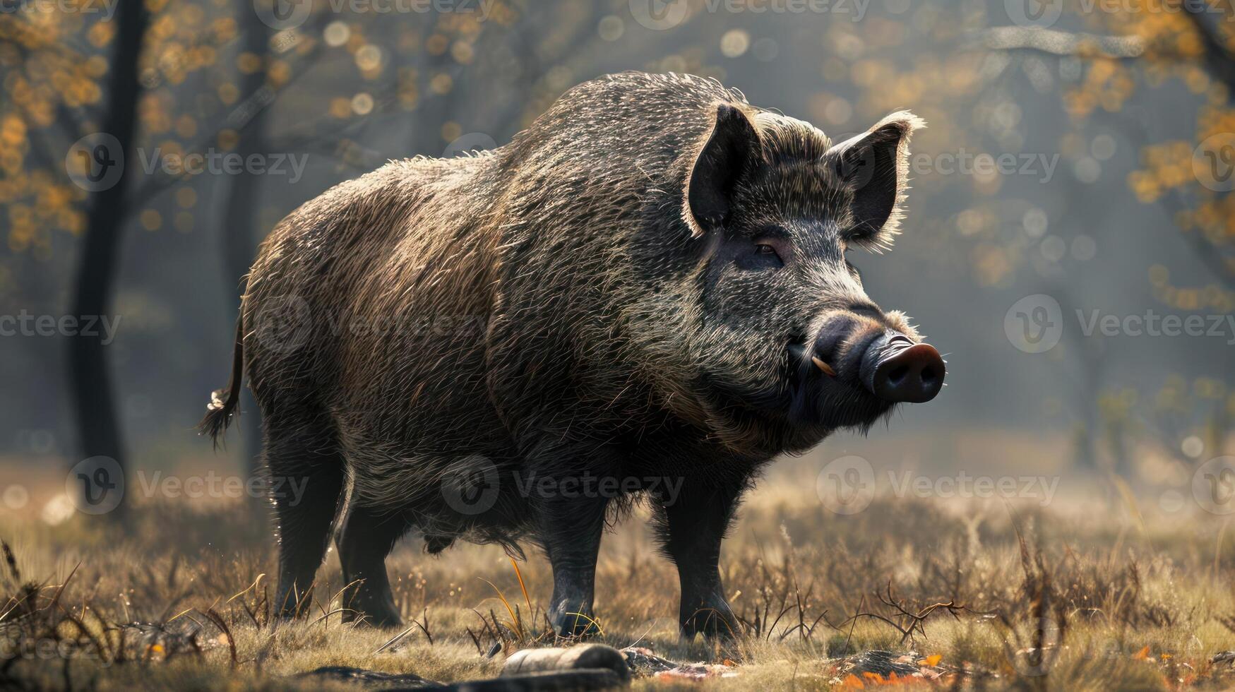Wild pig walking through a forest in autumn. photo
