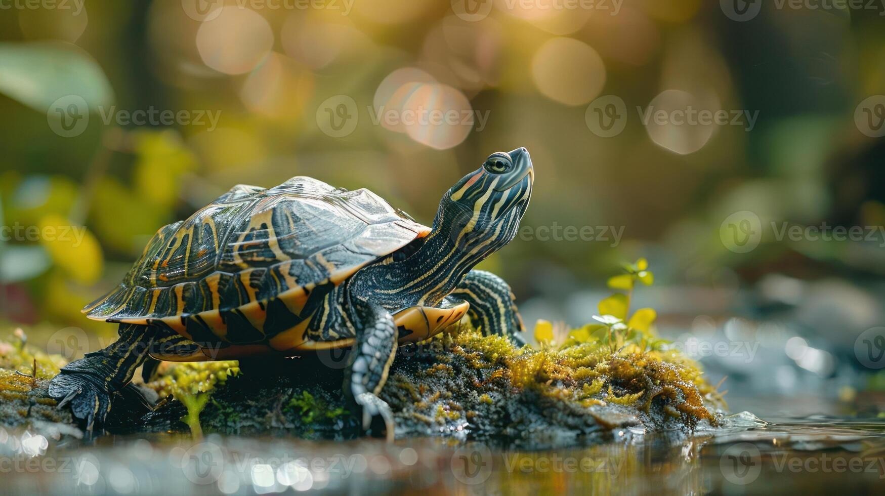A turtle is captured mid-stride on a mossy surface in a pond, photo