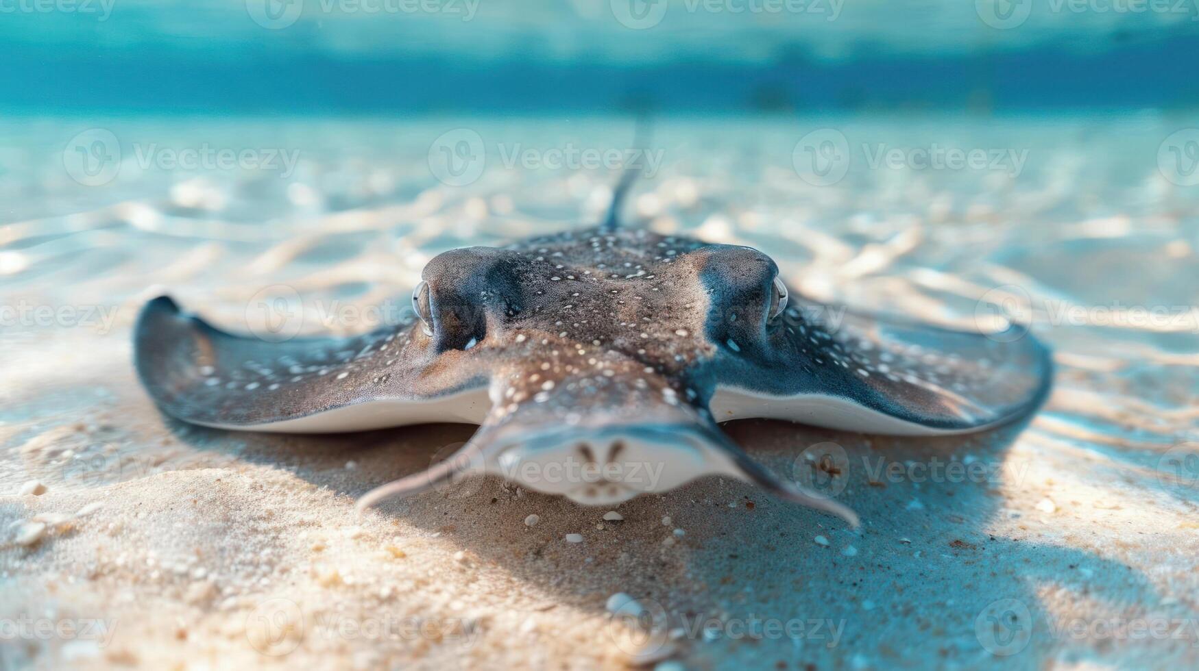 Underwater photo of a stingray swimming over the sandy ocean floor.