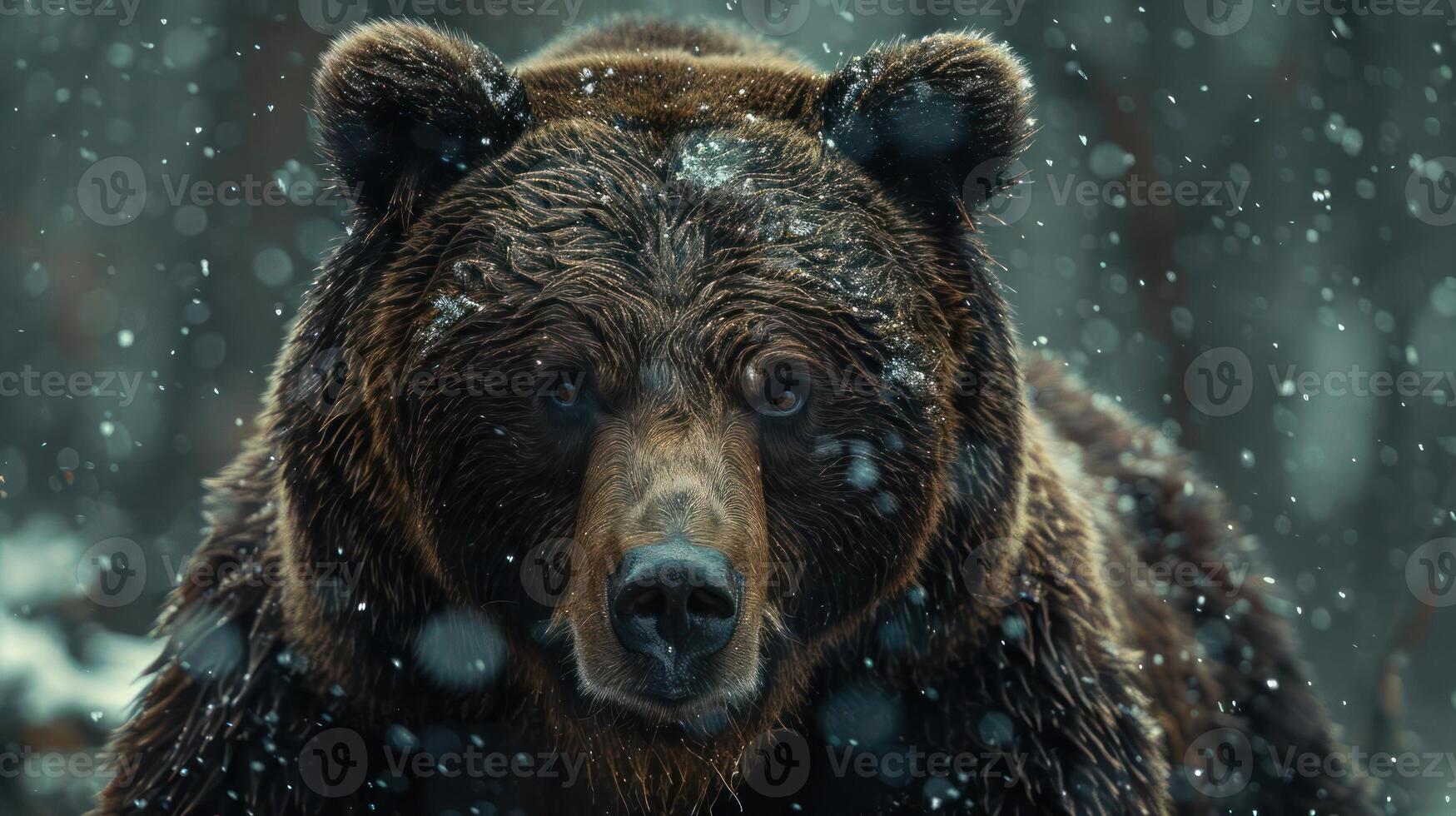 A large brown bear standing in the snow during a storm. photo