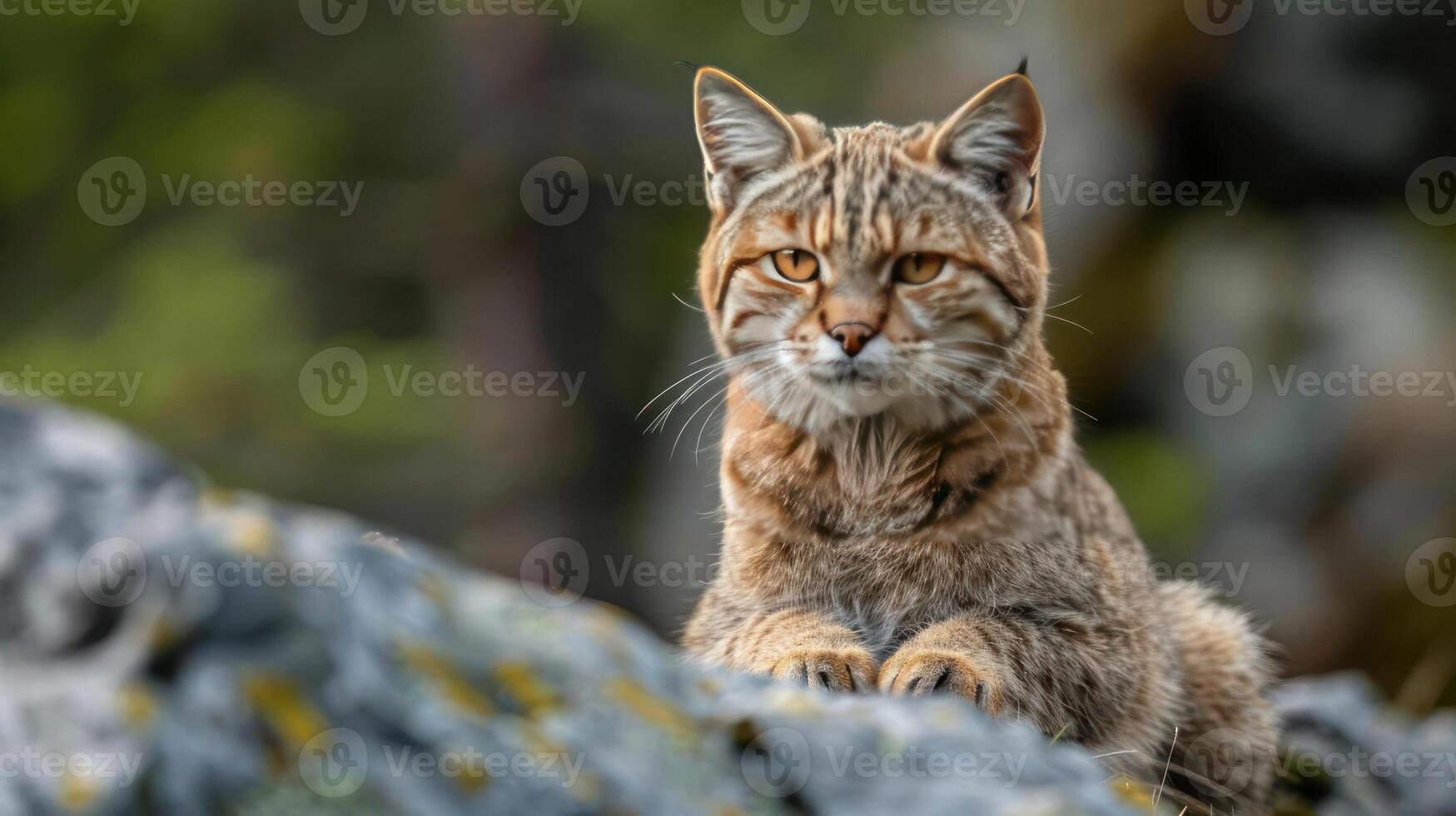A grumpy looking wild cat in a natural setting. photo