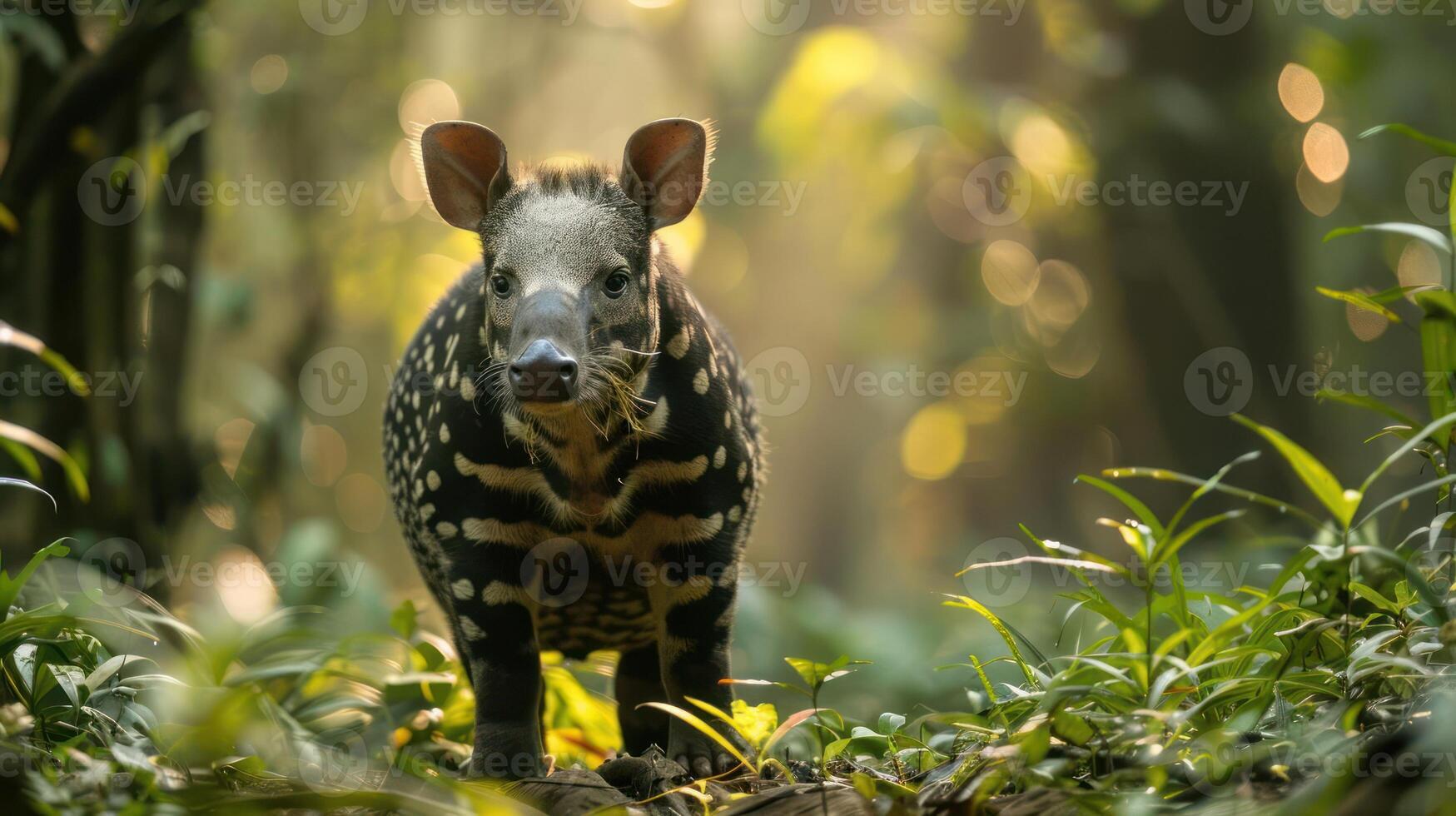 Baby piglet in a sunny jungle setting with trees and plants around him. photo