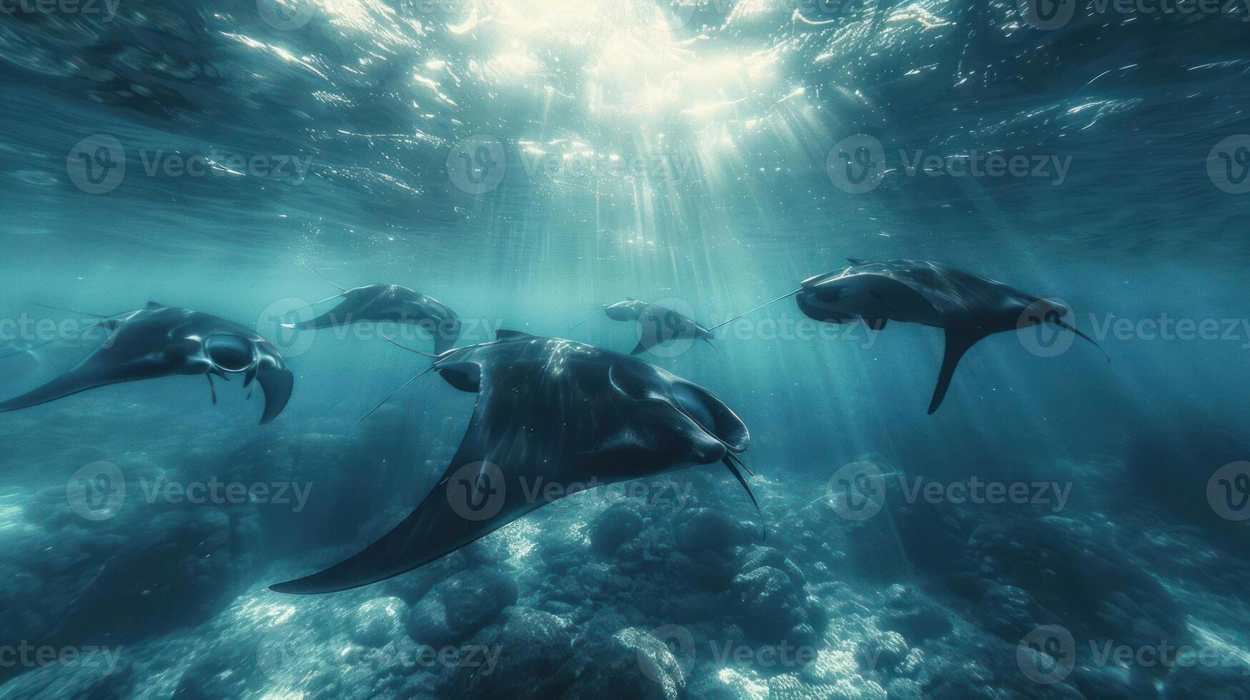 A group of whales swimming together under the sea photo