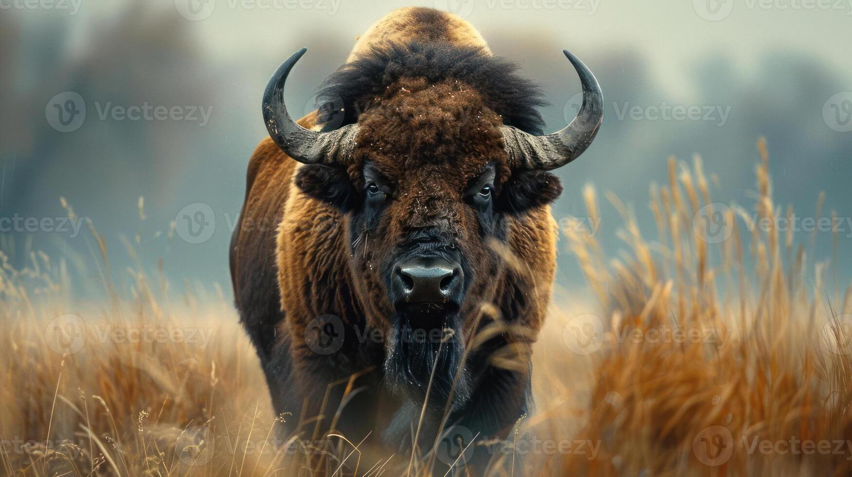 A bison walking on a field with long horns, facing the camera. photo