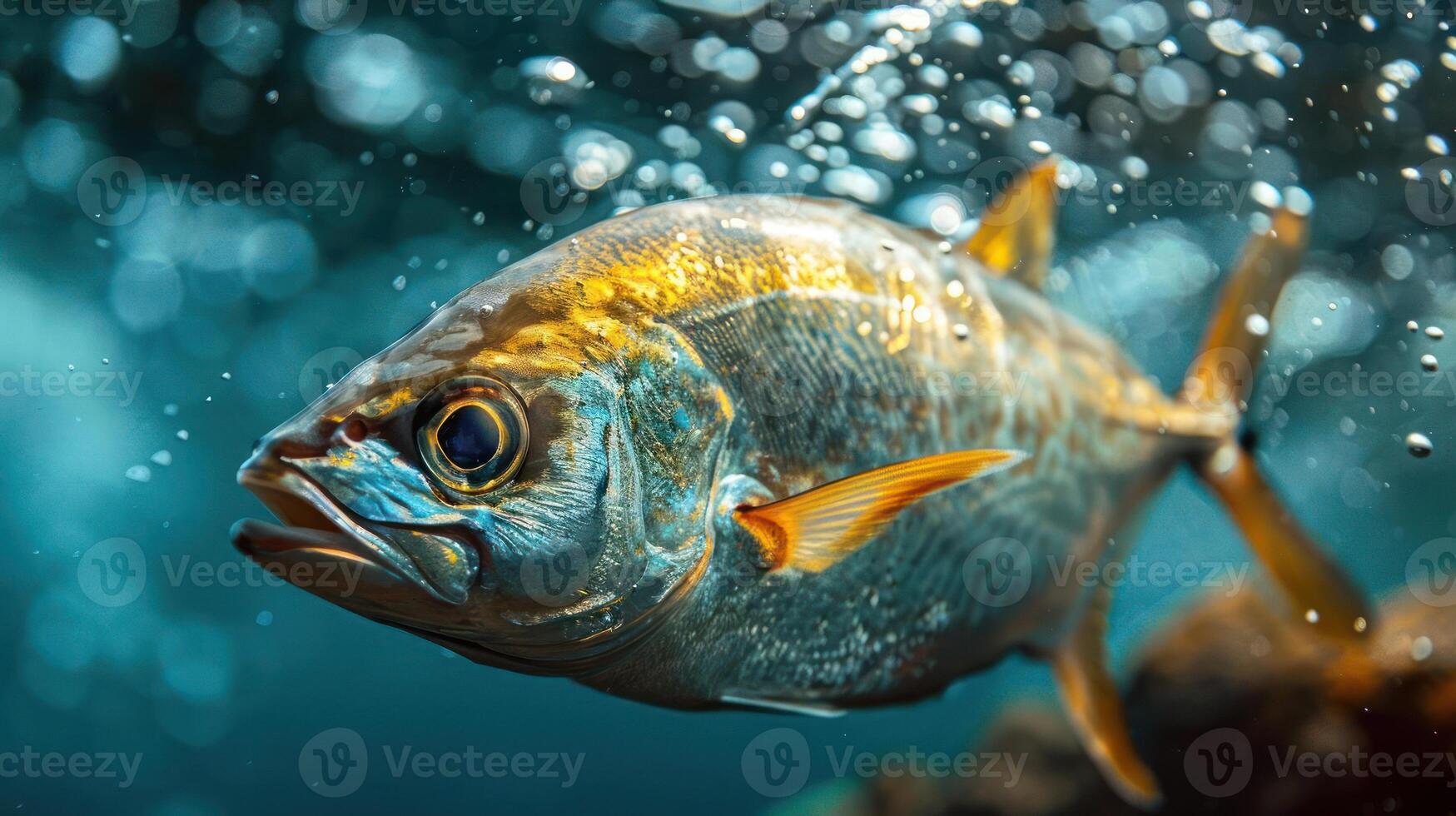 A vividly colored tropical fish is seen leaping from the water to catch a meal. photo