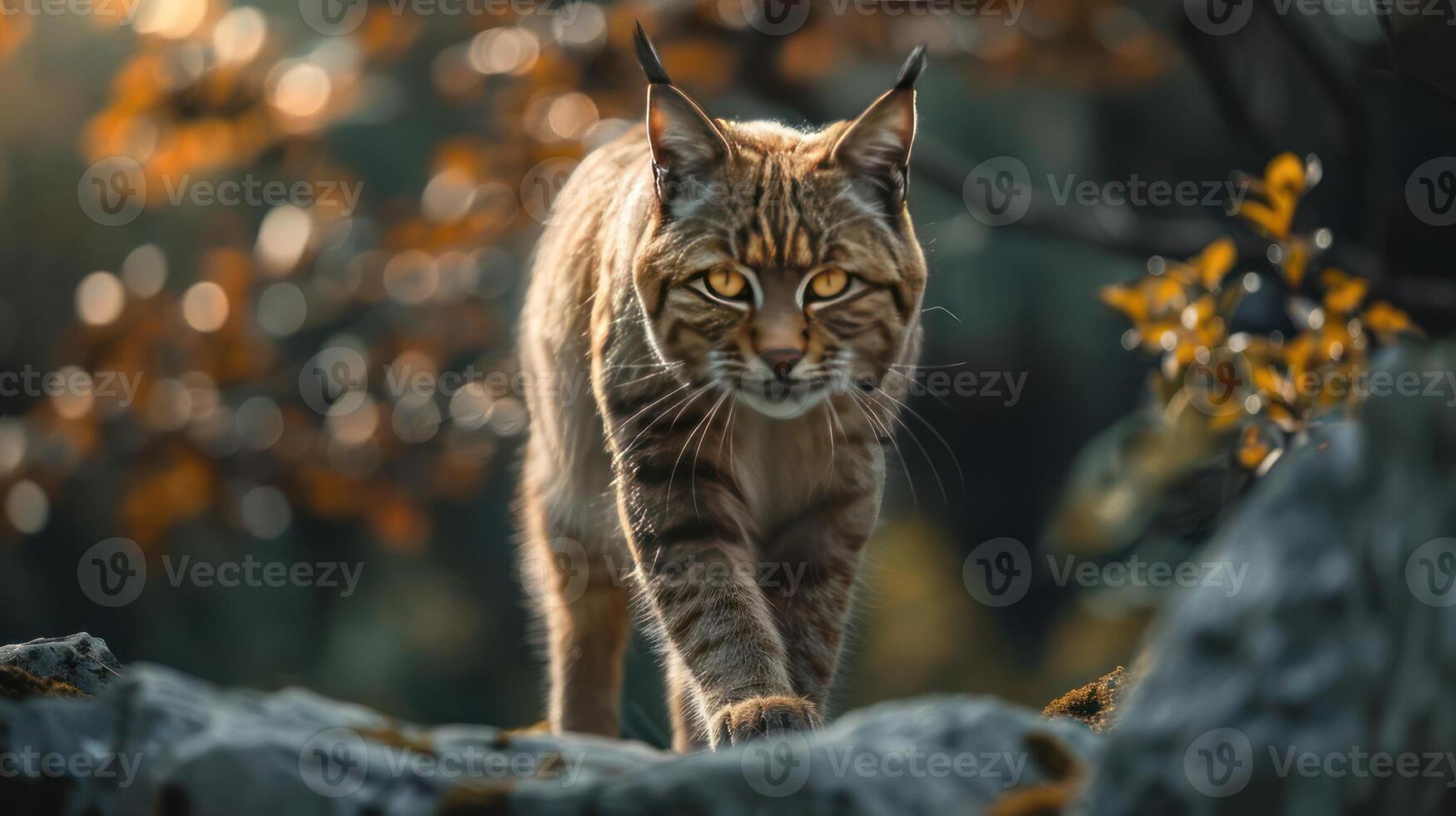 A sleek cat walking through a forest with vibrant autumn foliage. photo