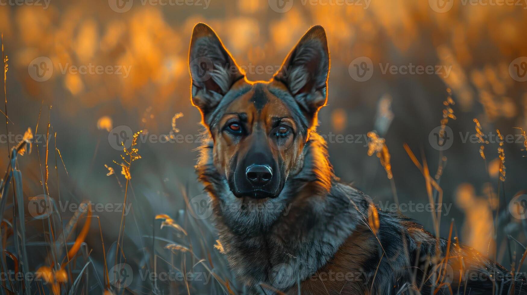 a dog sitting in a field with sunset lighting. The dog's ears are perked up, and it looks alert. photo