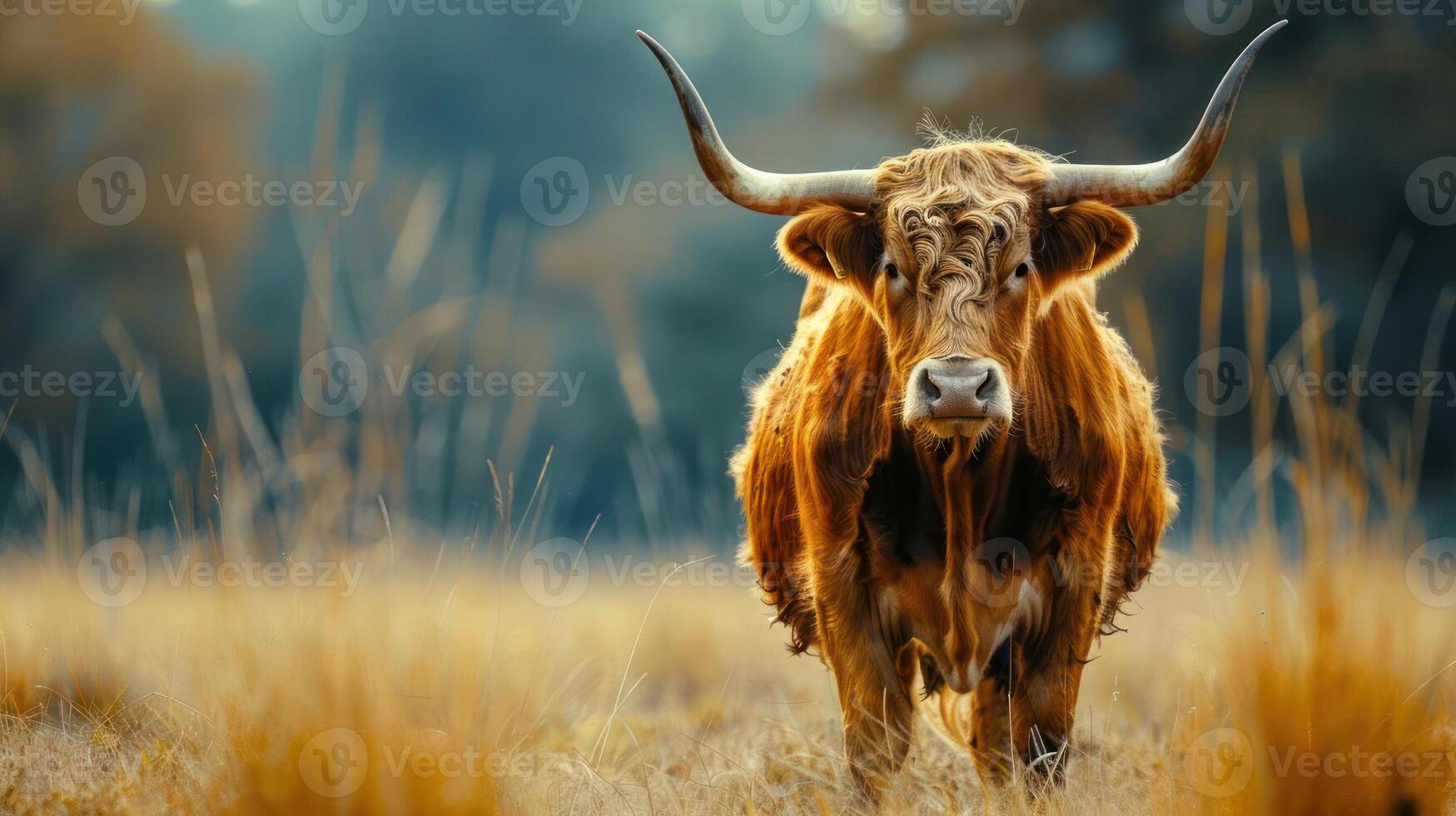 The cow is walking across a field with a backdrop of nature. photo