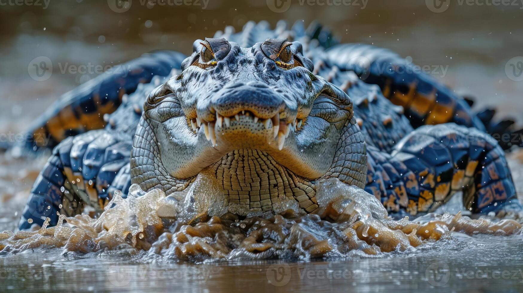 A close-up image of an alligator's face with open mouth in a river, displaying its teeth and eyes. photo