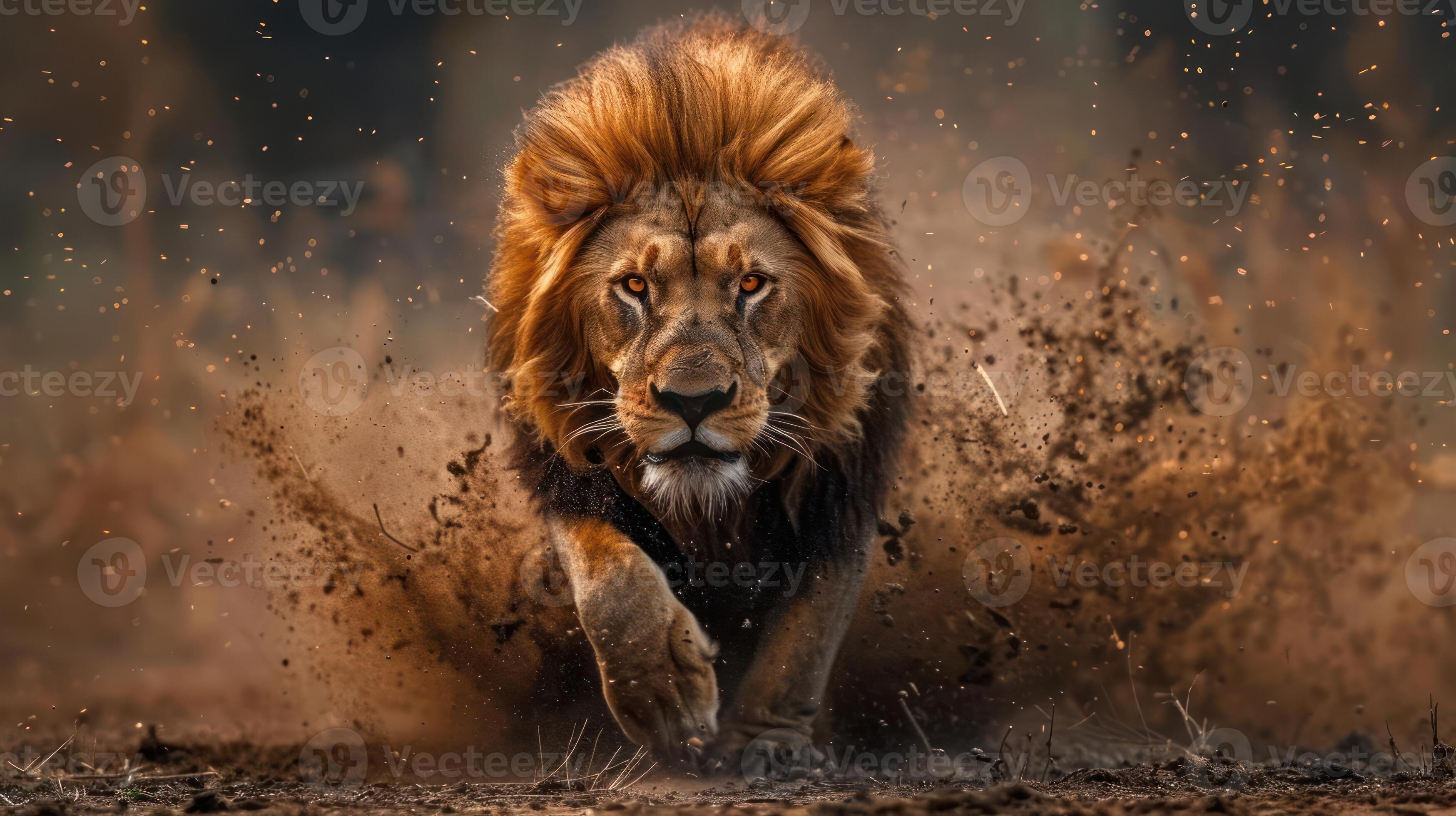 Majestic lion captured running through a cloud of dust, showcasing its ...