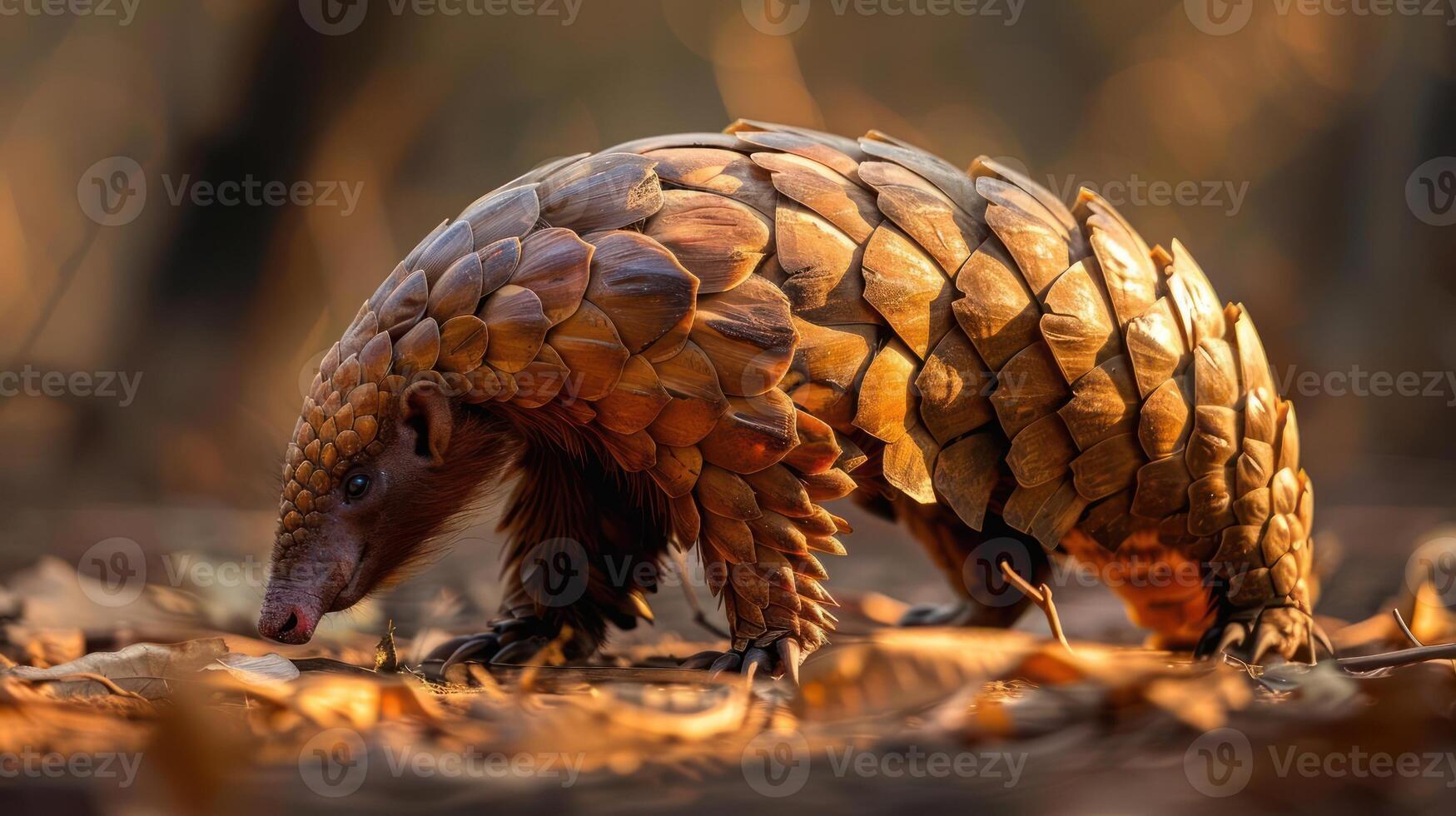 An adorable pangolin walking on fallen leaves next to a tree trunk. photo