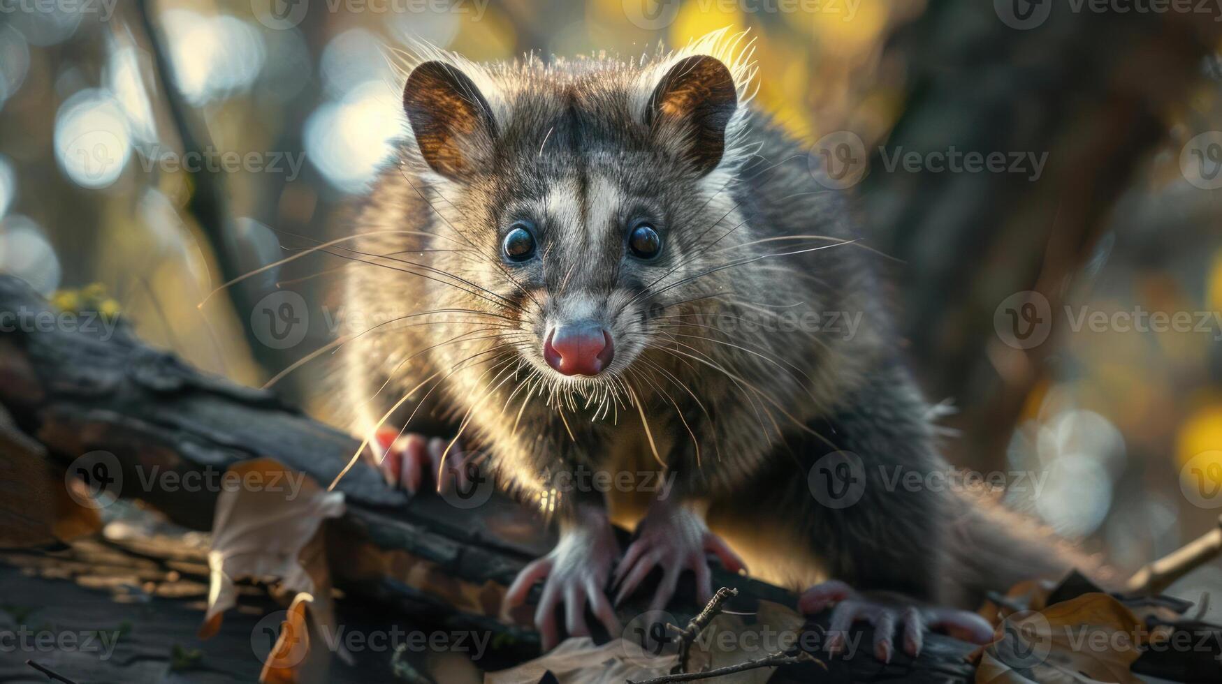 A badger is standing on a tree branch with its mouth open. photo