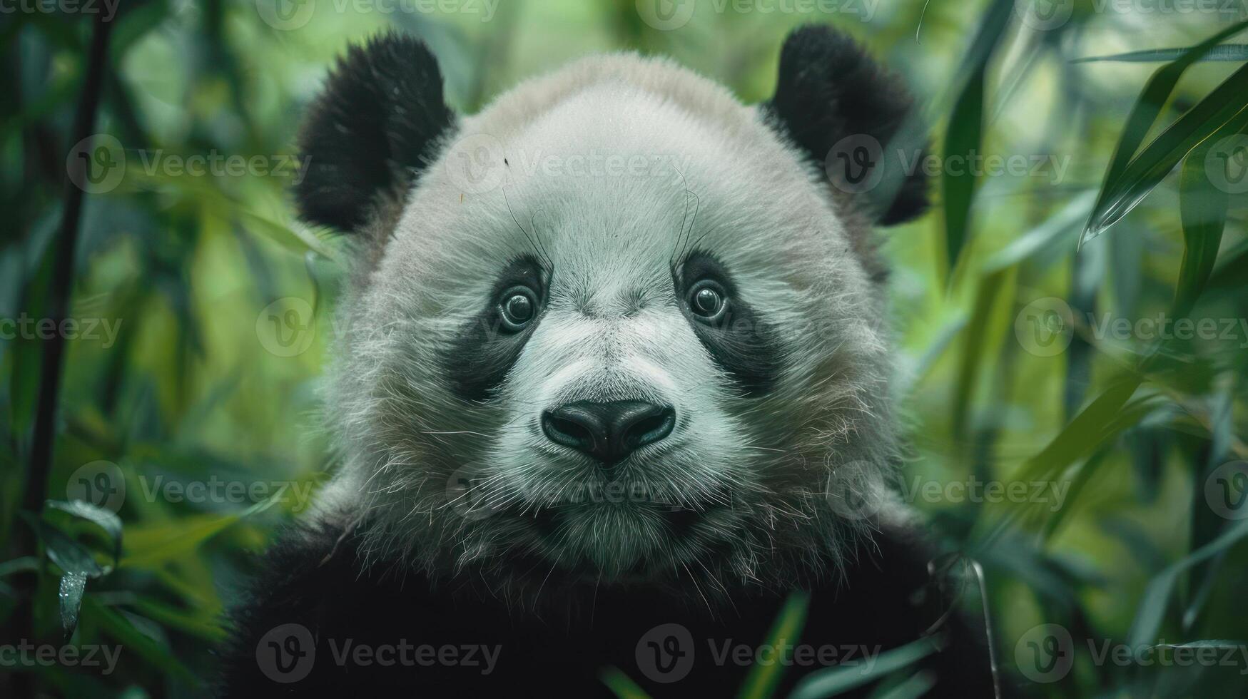 A panda bear peeking through the bamboo to look at a camera. The panda is wearing a headband. photo