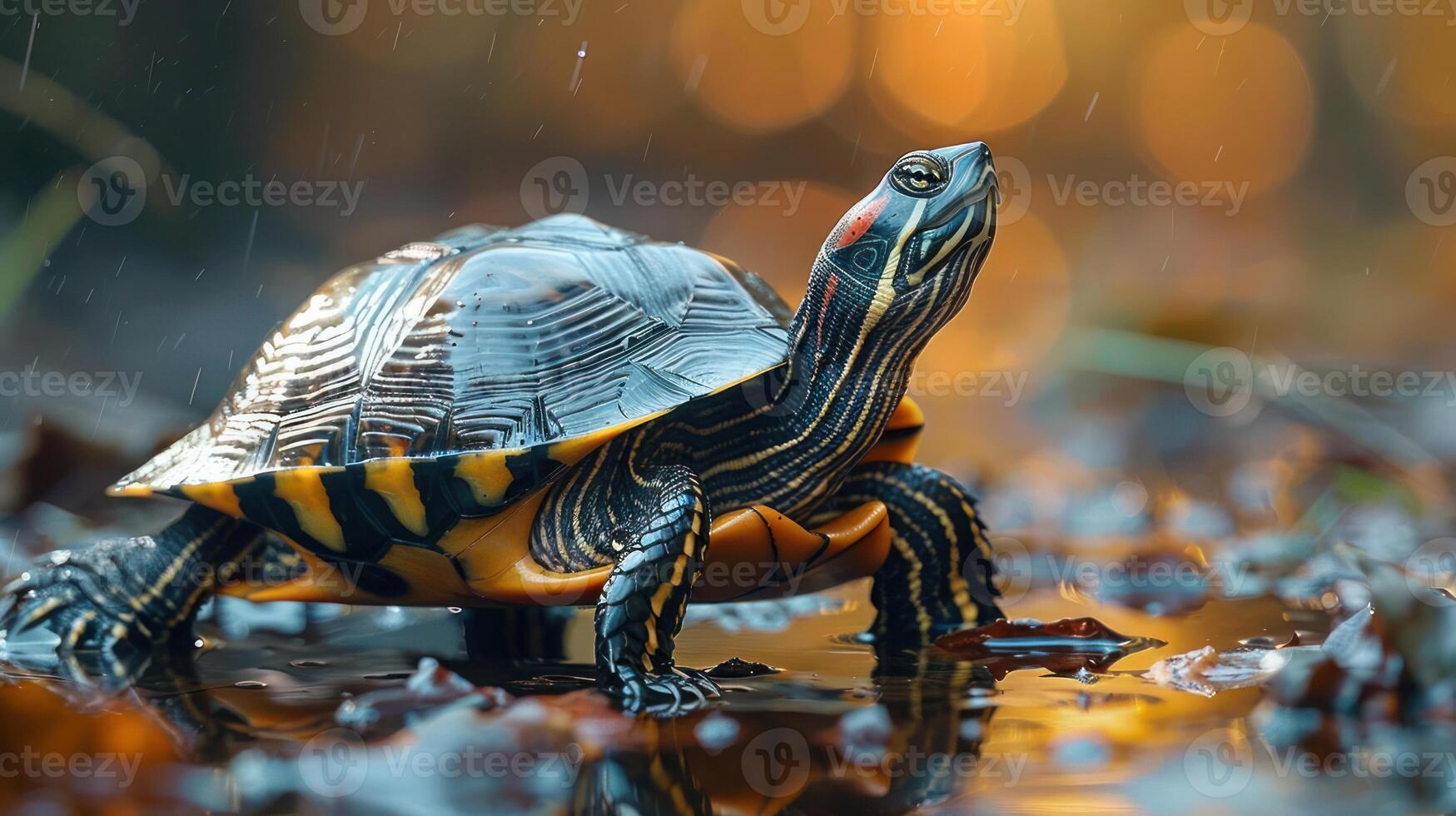 A small turtle crawling across a puddle of water, photo