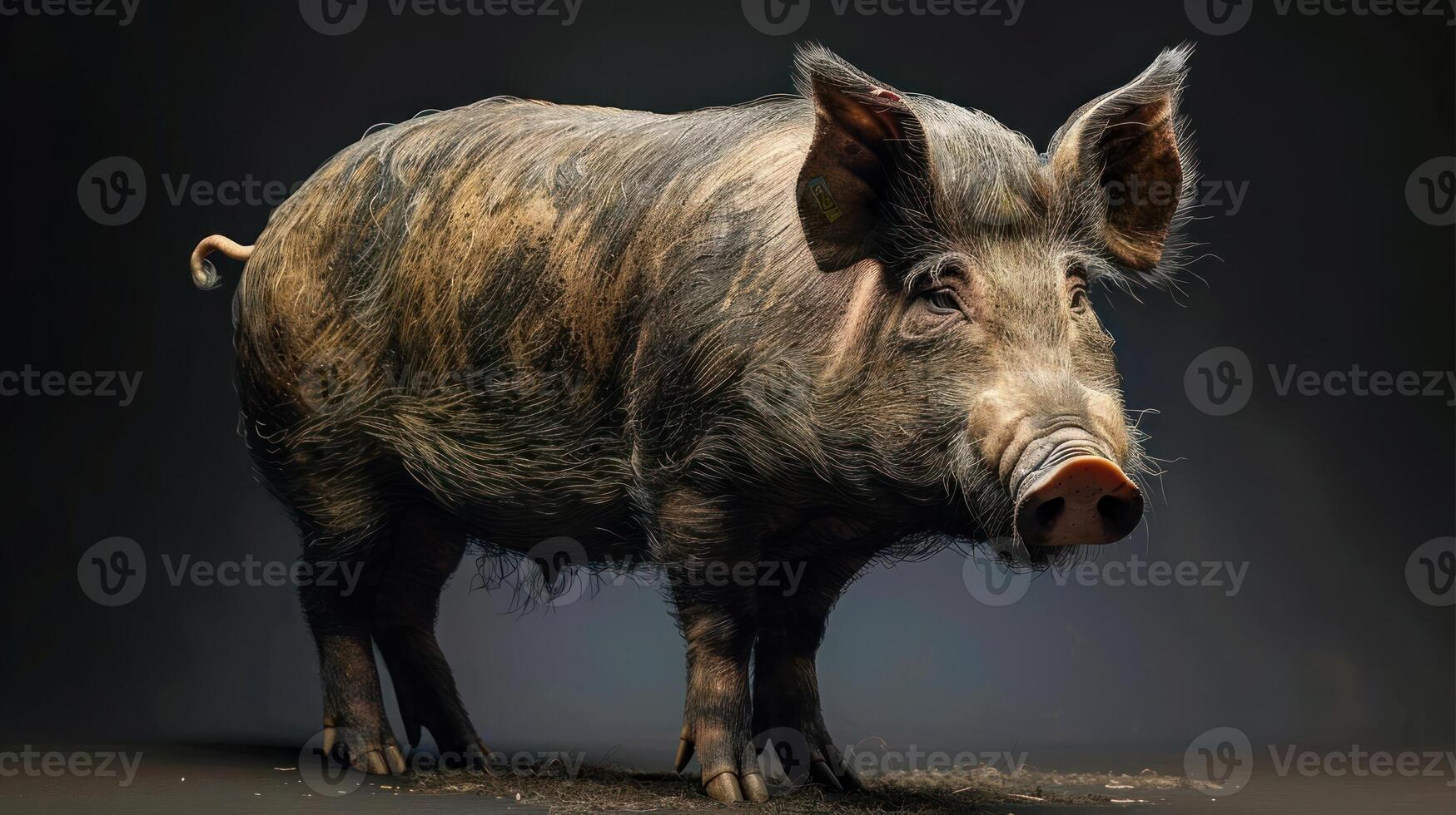 A close up of a pig with mud on it, looking away from the camera. photo