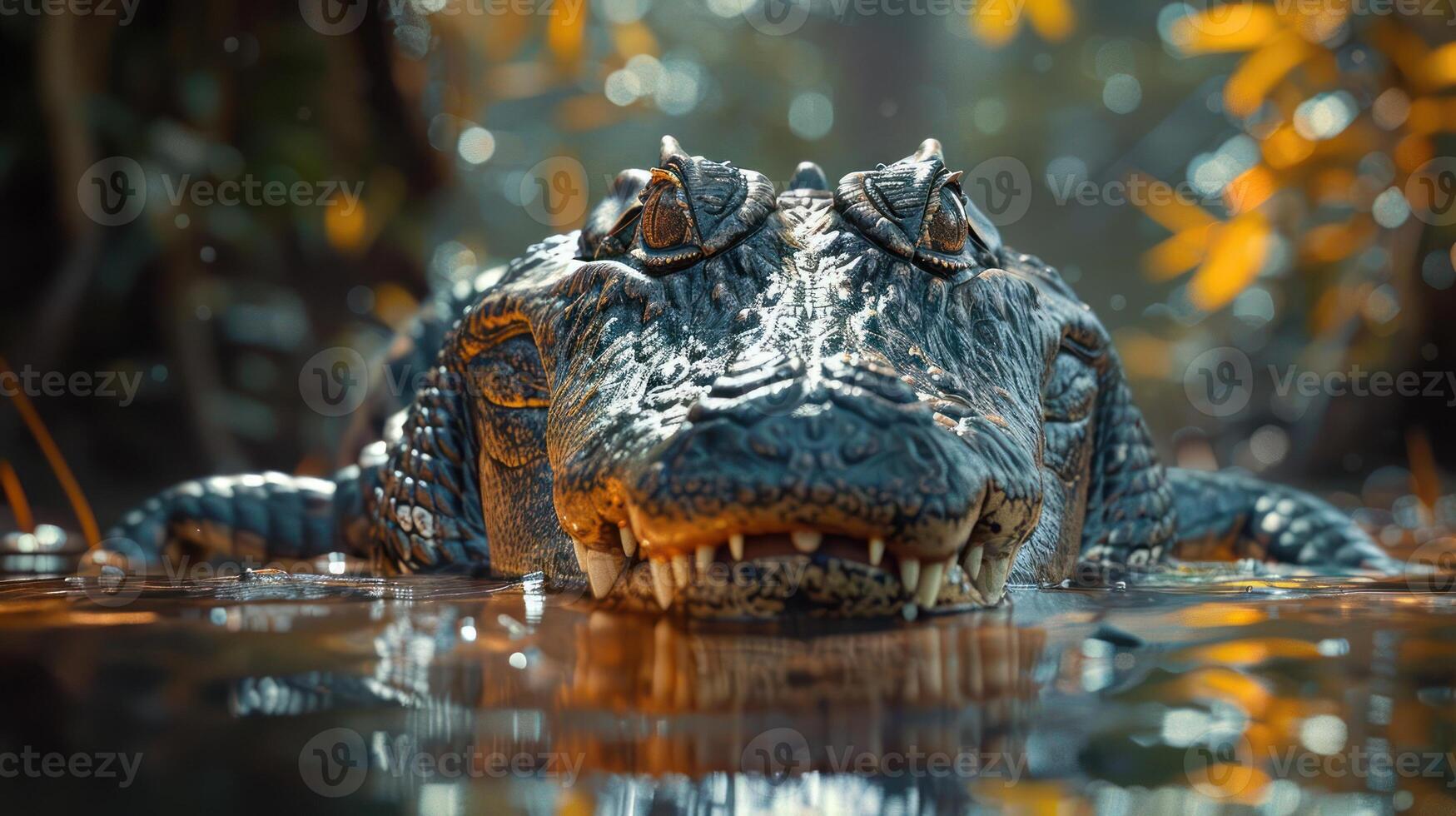 A crocodile with its mouth open, resting on the surface of a body of water, surrounded by greenery. photo