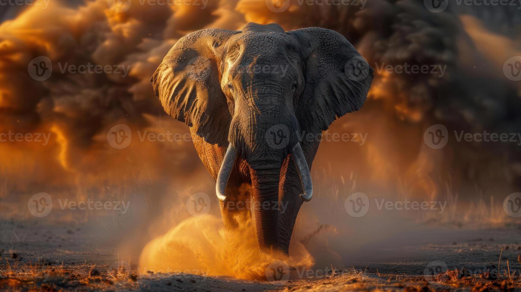 An elephant is running from an explosive blast, with smoke and debris surrounding it. photo