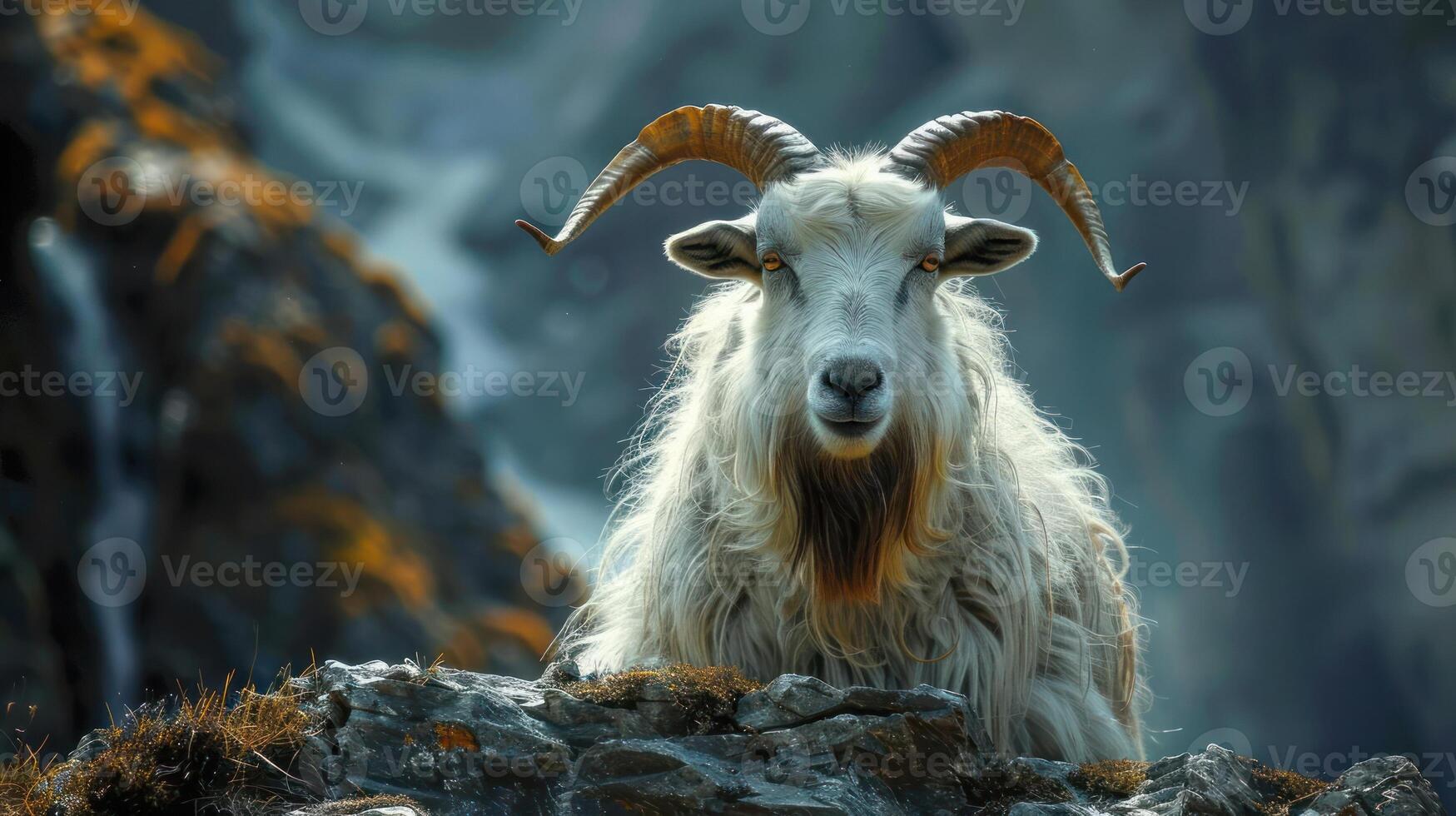 A goat stands on a rocky cliff with rams horns, in the mountains. photo