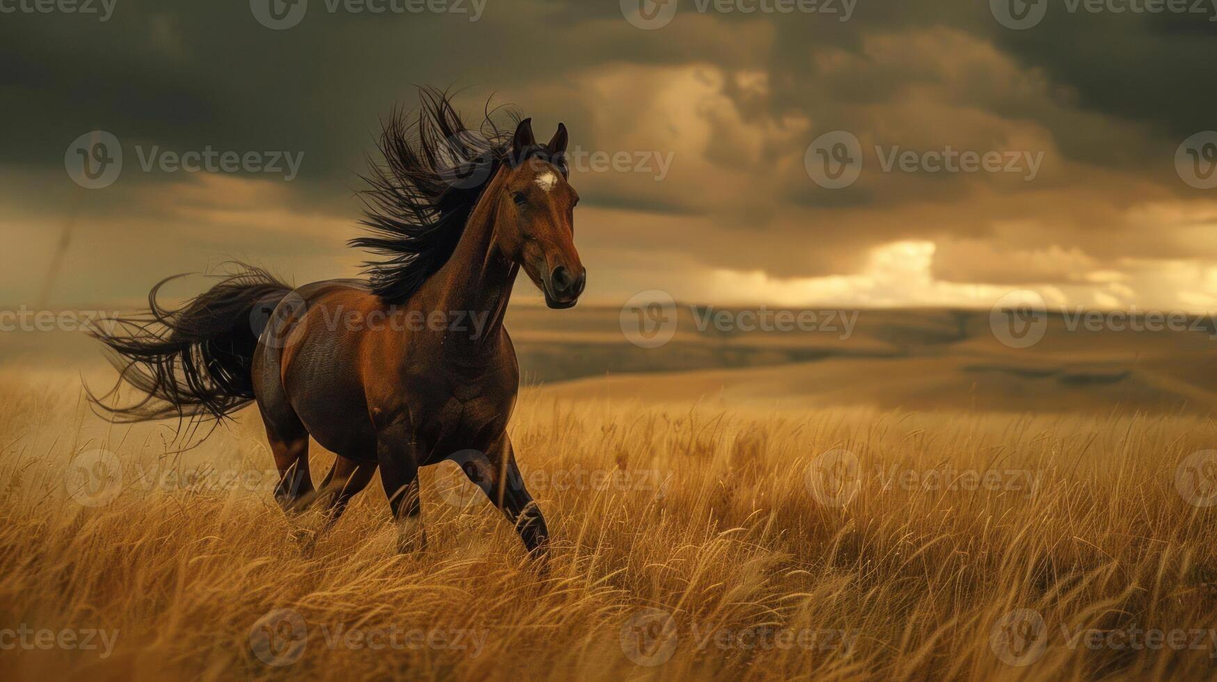 captures a solitary brown horse with its mane flowing like a flag in the wind, photo