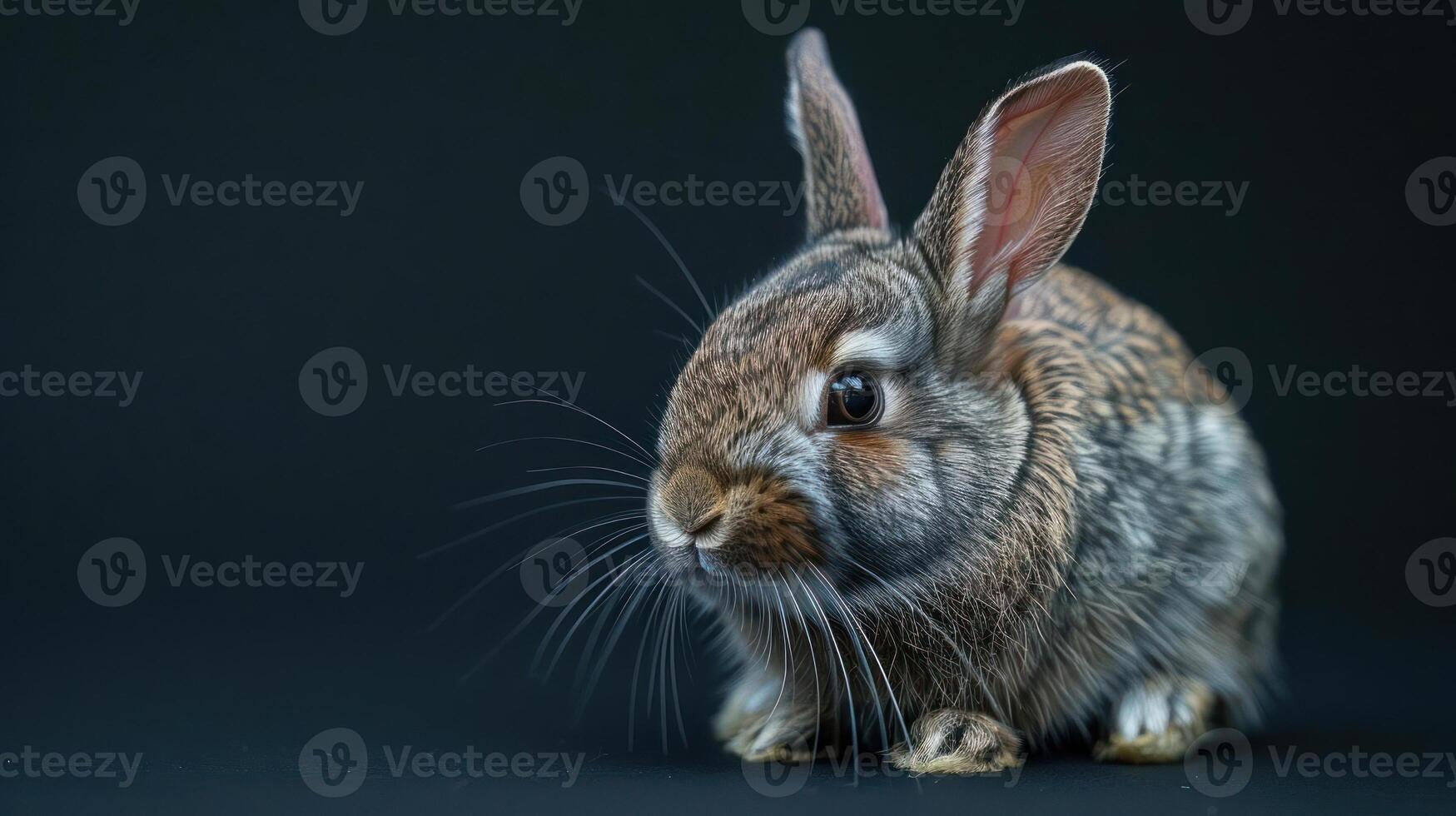 Adorable white and brown bunny with a fluffy coat sitting on black background photo