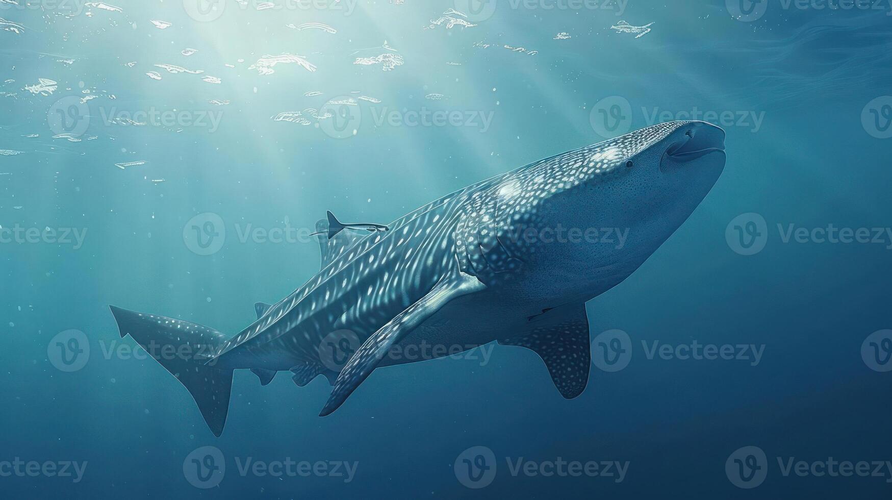 Large whale shark swimming under water with clear visibility of its body, fins, and dorsal fin. photo