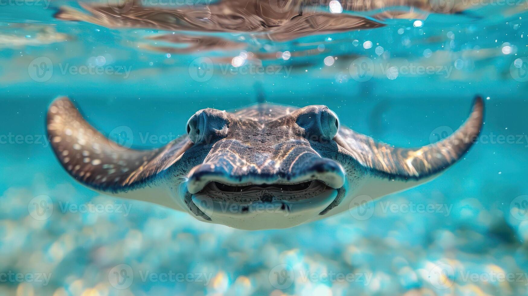 A close-up photograph of a green sea turtle swimming under water with its eyes open, photo
