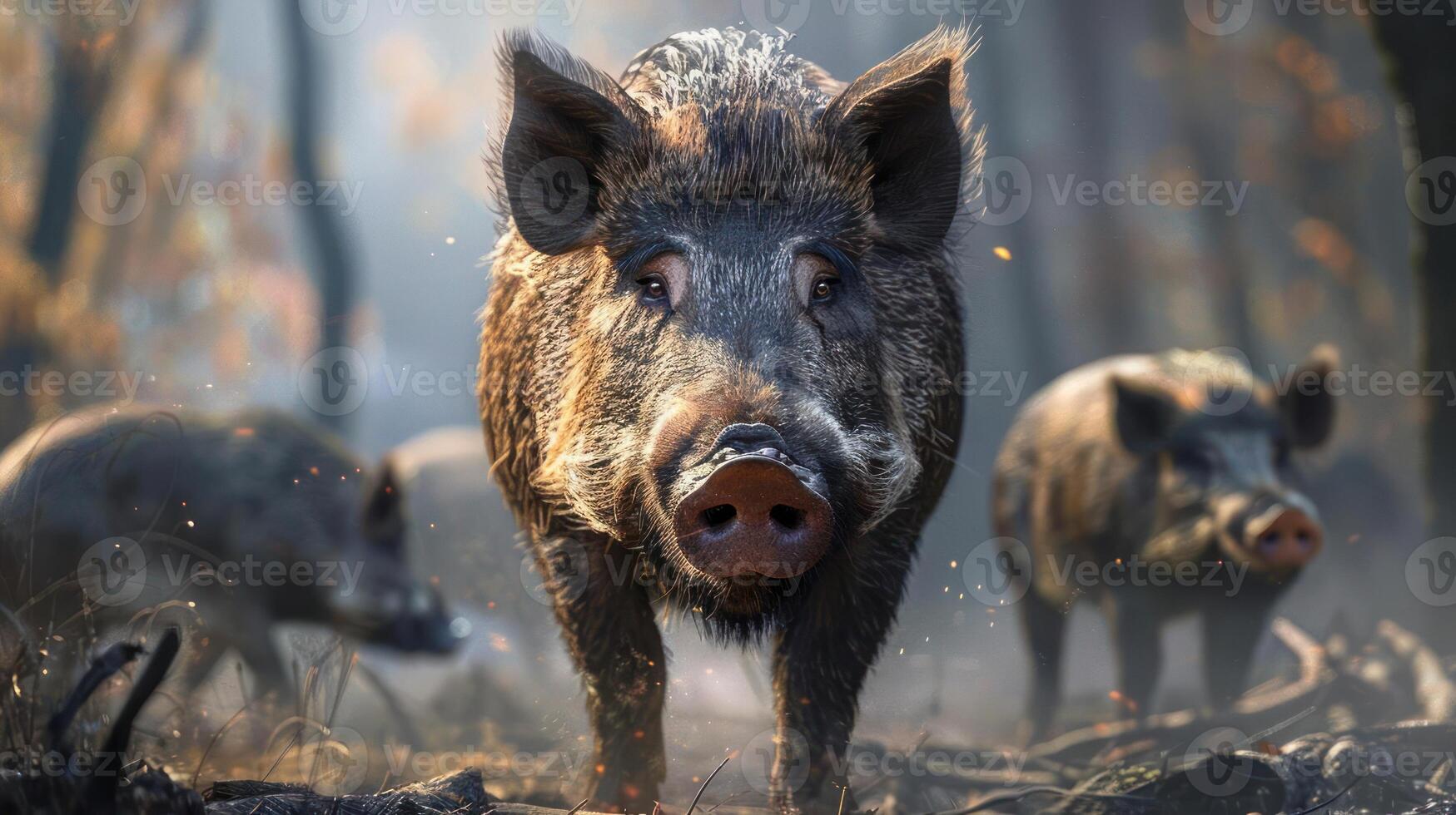A scene featuring a herd of pigs in a forest with fiery elements and the Warhammer logo on the wall, photo