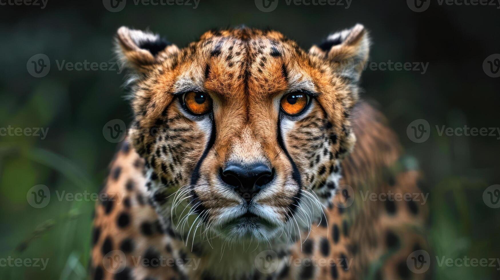 A cheetah's intense gaze into the camera, capturing its fierce and focused expression. photo