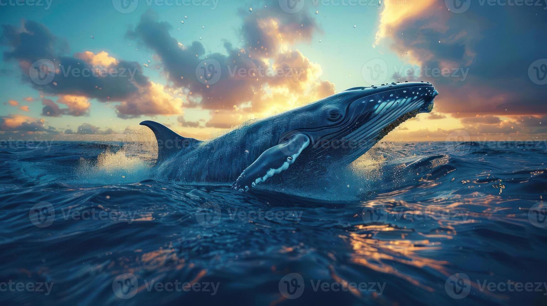 A majestic whale leaps out of the ocean sunset, its body and tail cutting through the water, photo