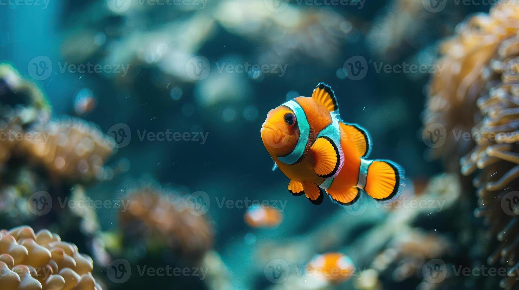 A clown fish with a distinctive orange and white stripe pattern swims amongst colorful corals and an photo