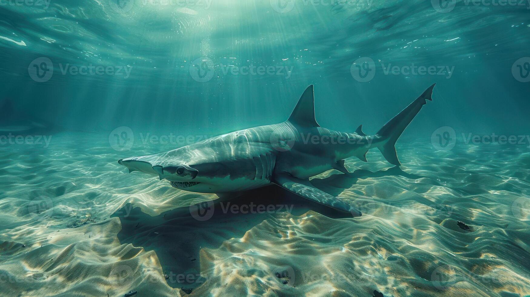 A group of sharks in the water, with a large open mouth and sharp teeth, hunting for prey photo
