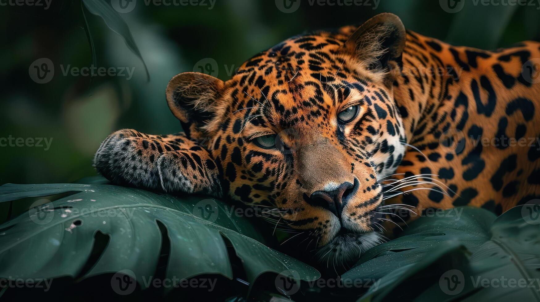 A large tiger is seen lying down on a lush green ground with plants and trees in the background. photo