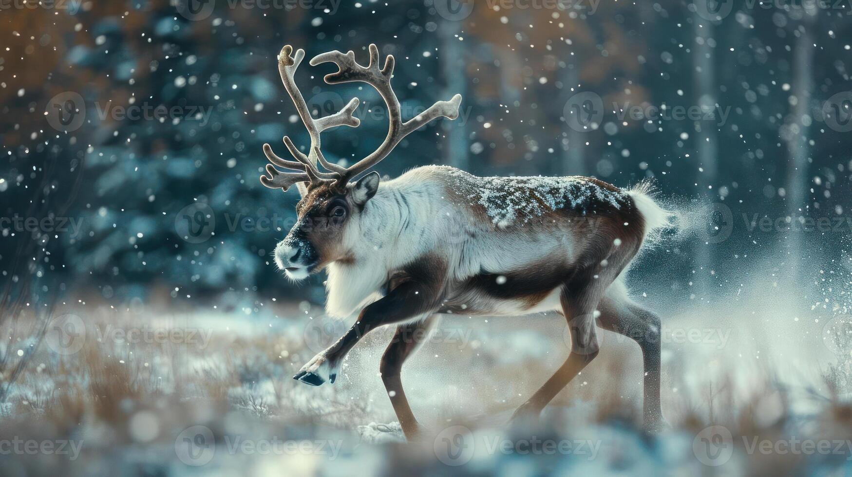A majestic reindeer gracefully navigates through a snowy landscape with trees and a bright, photo