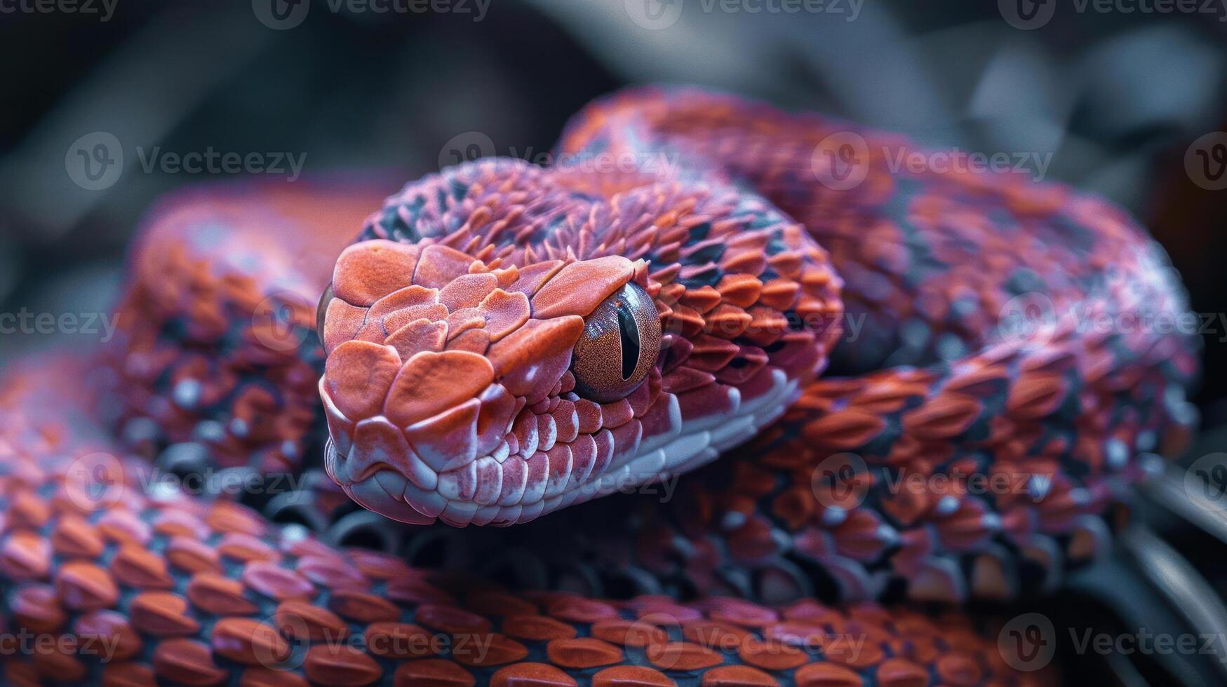 is a close-up photograph of a rattlesnake with a vibrant red and white diamond pattern on its skin, photo