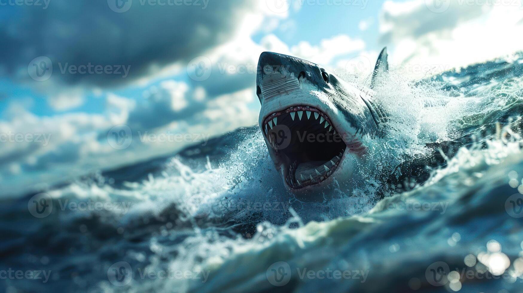 A person is swimming in the ocean with a shark swimming close by. photo