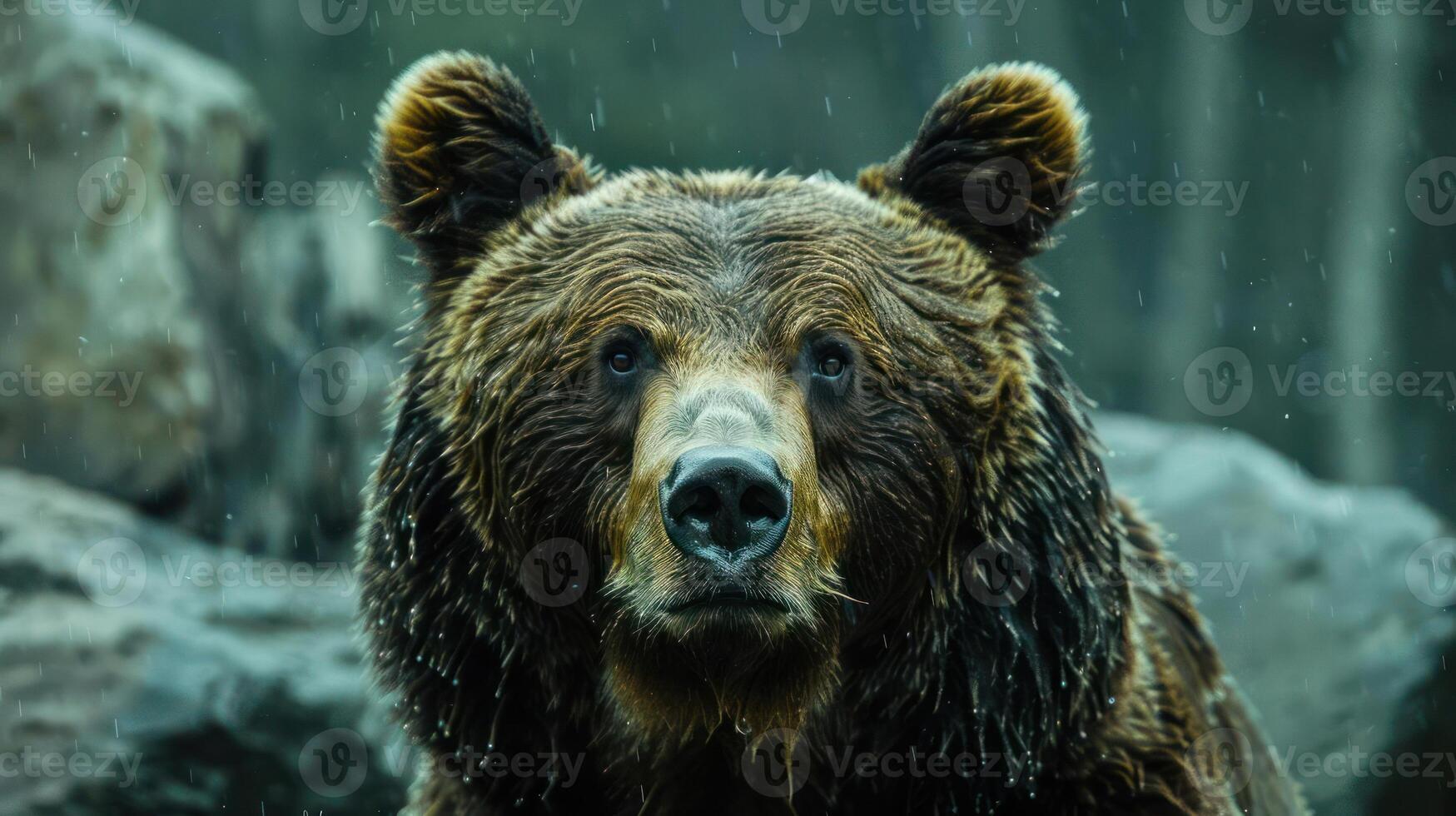 Brown bear with rain falling behind it. photo