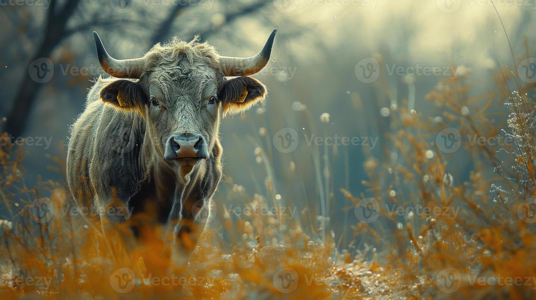 A large horned cow looking at the camera, photo