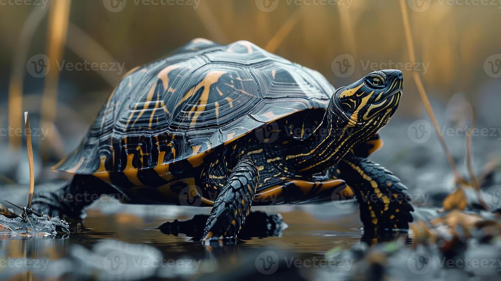 A turtle moving through muddy water, displaying its distinctive shell pattern. photo