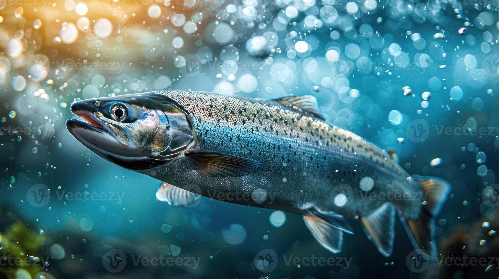 A close-up image of a salmon swimming among bubbles and water, possibly near an underwater volcano. photo