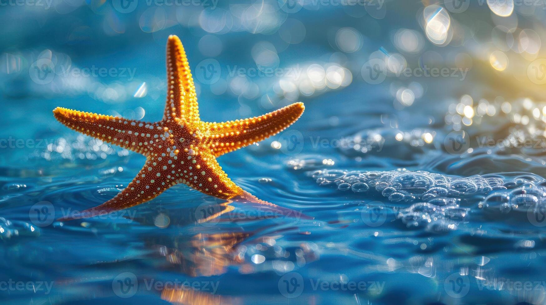 A beautiful, close-up image of a starfish sitting amidst rain droplets. photo