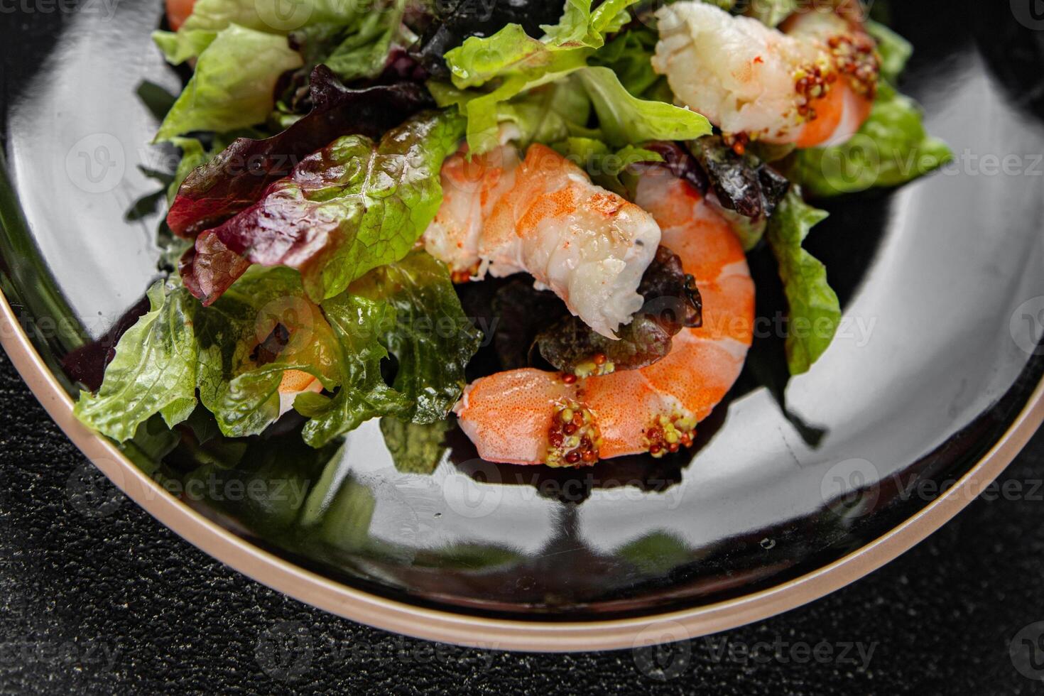 shrimp salad prawns or langoustines green leaf lettuce mix fresh meal food snack on the table copy space food background rustic top view photo