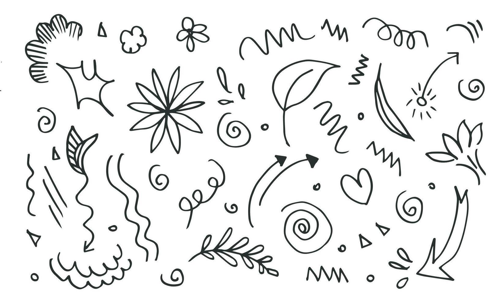 set of doodle design elements isolated on a white background for design concepts like flowers, leaves, star,ribbon, arrows and others. vector