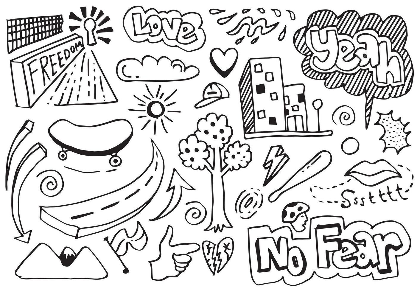 cute skate doodle cartoon with trees,flag, arrow, buildings and handwritten text love and no fear. vector