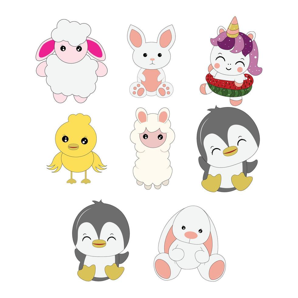 Cute animals. Aries, penguin, llama, chicken, unicorn, rabbit, sheep vector