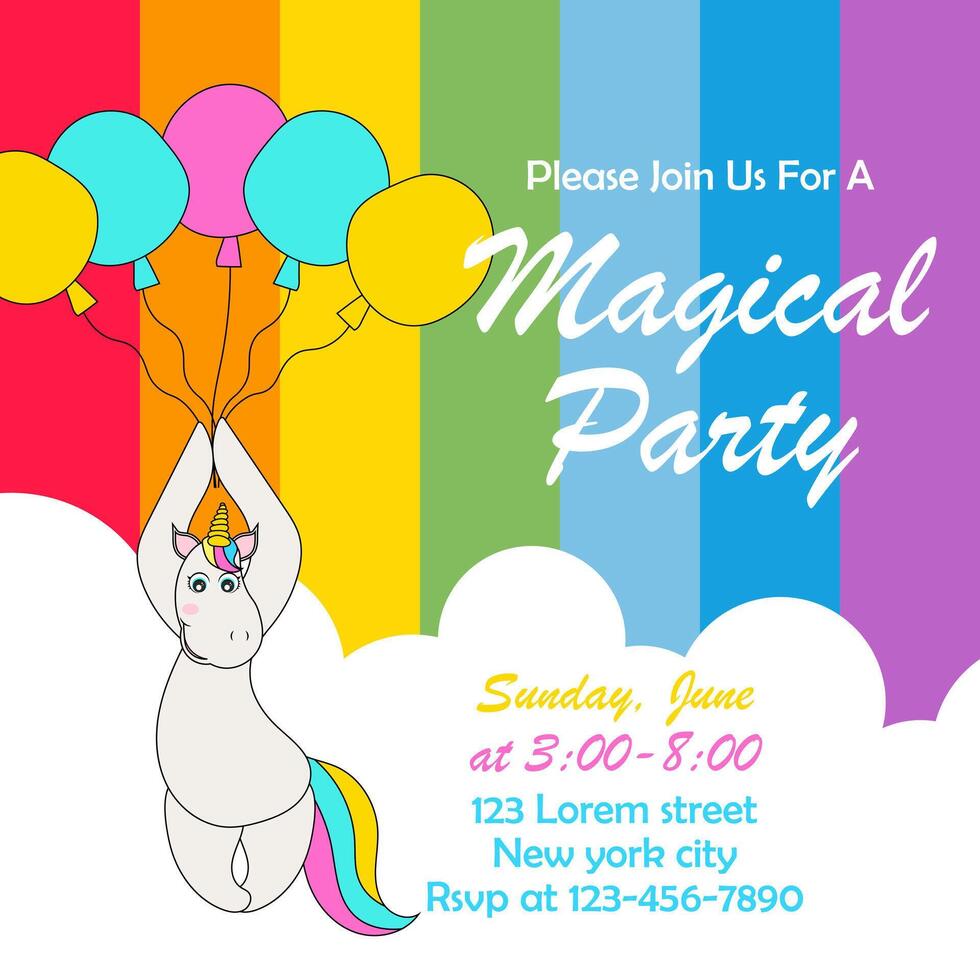 Cute unicorn with balloons illustration for party invitation card template vector